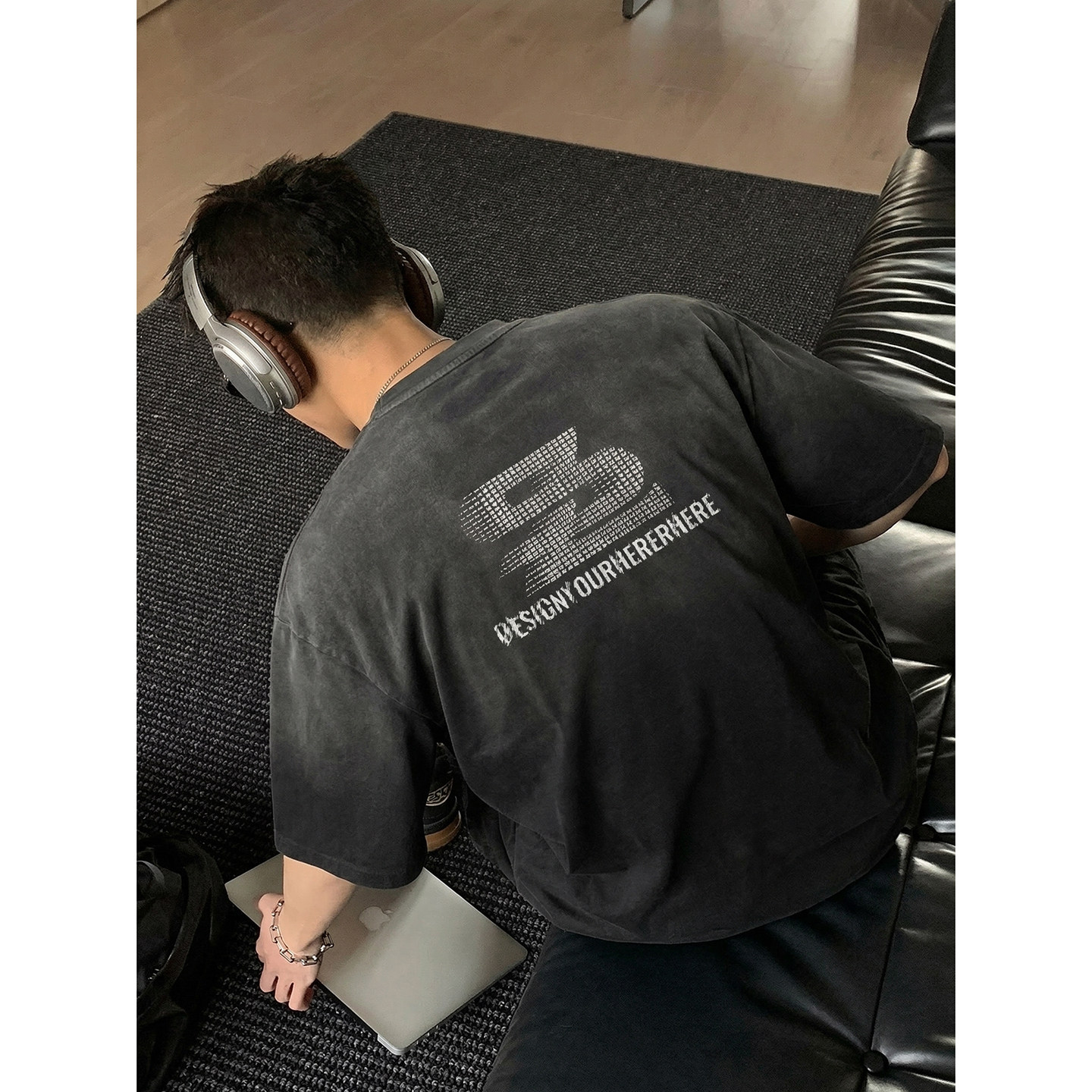 PLTH*美式复古水洗做旧短袖T恤男后背印花宽松落肩高街半袖上衣潮图片