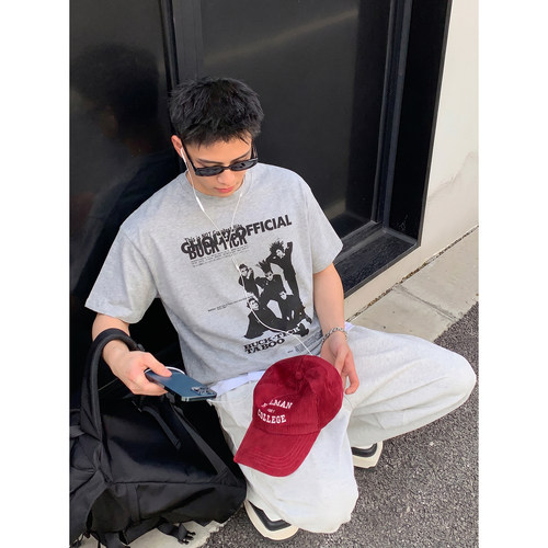 PLTH*美式复古街头朋克摇滚乐队印花短袖男高街宽松做旧半袖T恤潮