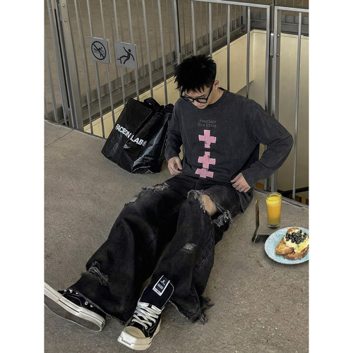 PLTH*美式复古水洗做旧十字印花长袖T恤男宽松字母印花打底上衣潮