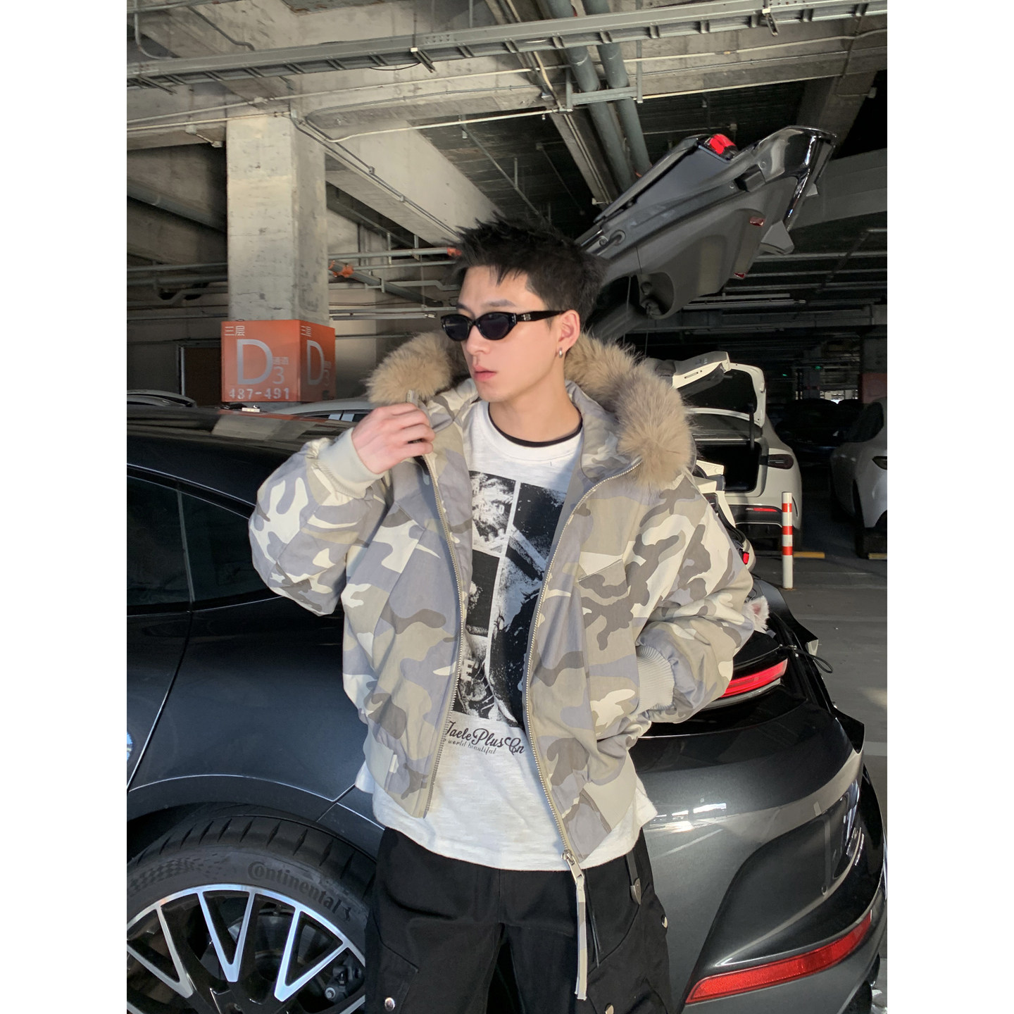 PLTH*美式复古迷彩大毛领连帽棉服男短款飞行员夹克宽松加厚棉衣