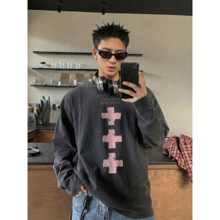 T恤男宽松字母印花打底上衣潮 复古水洗做旧十字印花长袖 PLTH 美式