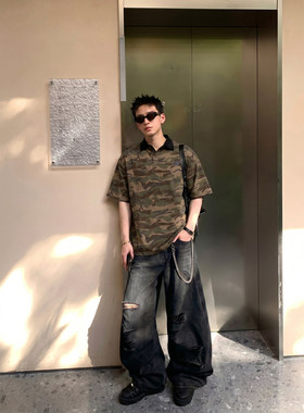 PLTH*美式复古迷彩撞色polo衫男夏季潮牌数字印花条纹宽松短袖T恤