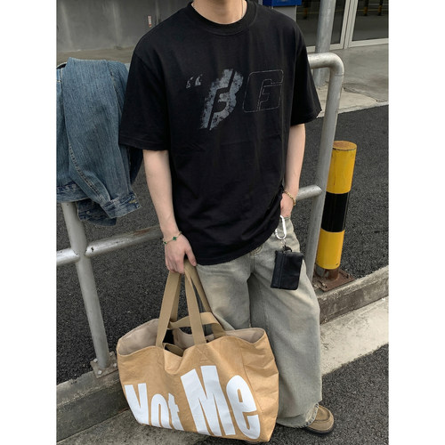 PLTH*美式复古做旧字母印花短袖T恤男夏季潮牌宽松落肩半袖上衣女