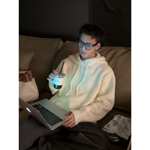 男秋冬慵懒风宽松休闲百搭保暖毛衣 简约纯色连帽针织衫 PLTH 美式