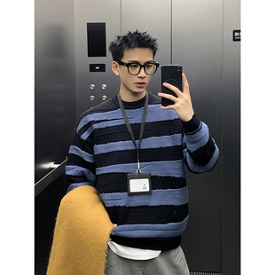百搭保暖毛衣男 撞色斑马纹路慵懒松弛感针织衫 PLTH 韩系复古冬季