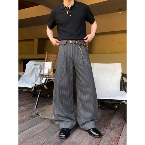PLTH*韩系Cleanfit条纹阔腿西裤男夏季宽松直筒垂感休闲西装长裤