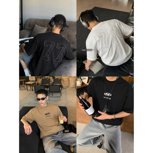 PLTH*美式复古350g重磅77贴布刺绣短袖T恤男做旧水洗宽松半袖上衣