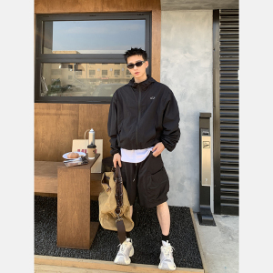PLTH*美式复古简约纯色连帽春夏百搭褶皱感印花飞行员夹克防晒服