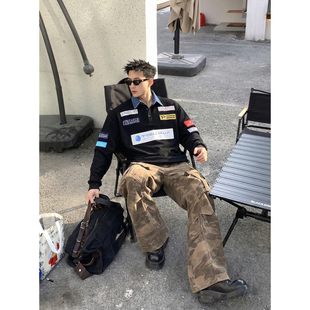 宽松街头风外套情侣款 PLTH 高街潮牌牛仔翻领贴布印花卫衣男春季