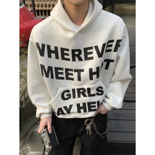 oversize帽衫 PLTH 新款 复古重磅撞色字母印花连帽卫衣男春季 美式