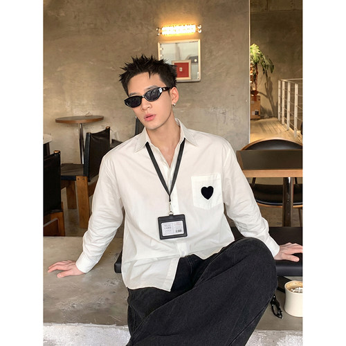 PLTH*春季设计感爱心刺绣条纹衬衫男宽松休闲小众百搭长袖上衣潮