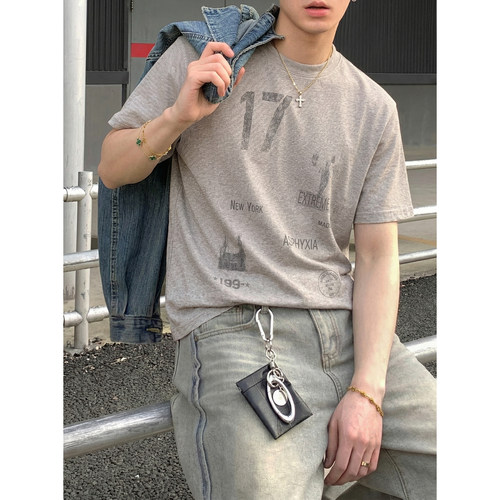PLTH*夏季莱赛尔数字印花短袖T恤男美式复古做旧宽松休闲圆领上衣