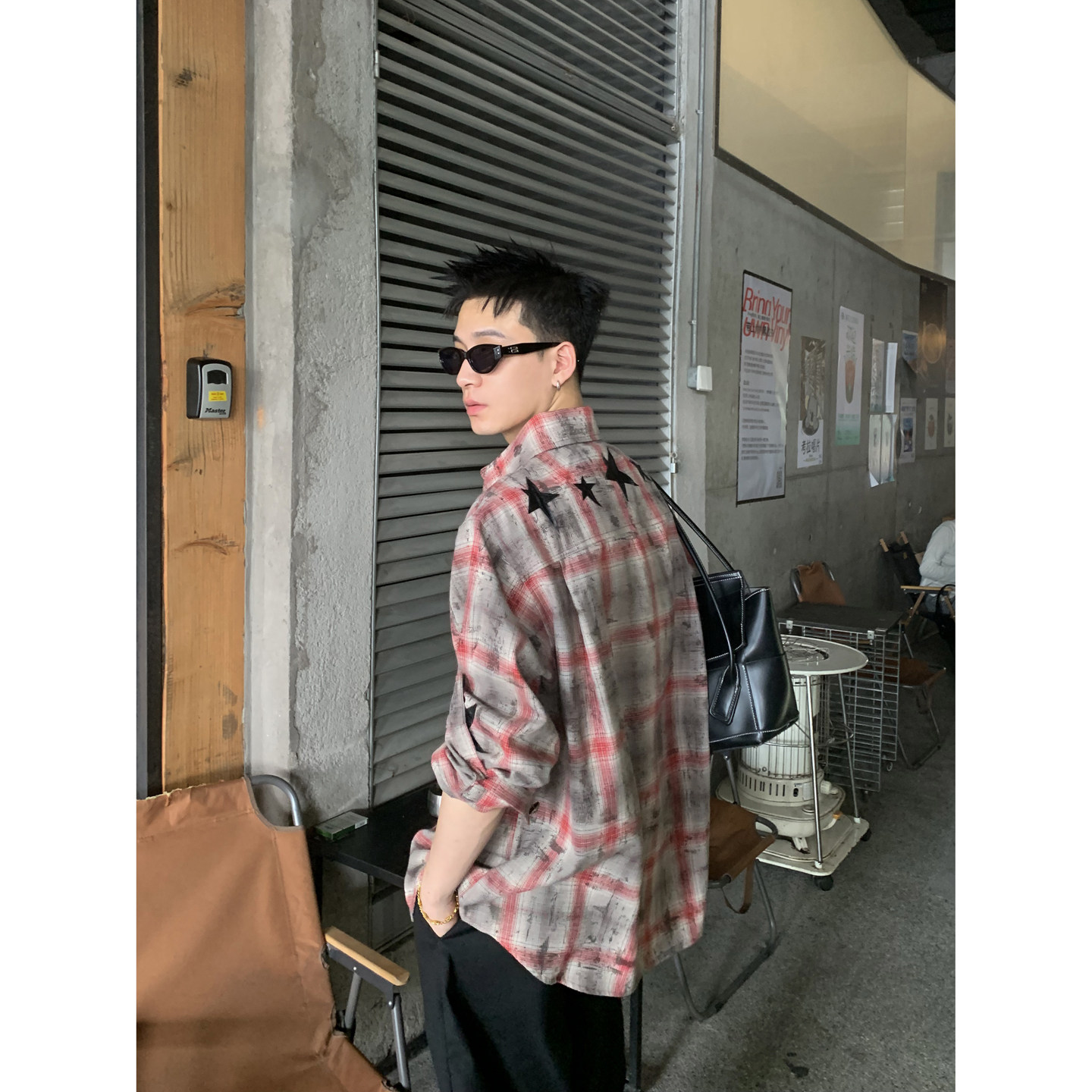 PLTH*美式做旧脏染格子长袖衬衫男女秋季宽松星星贴皮绣花衬衣潮