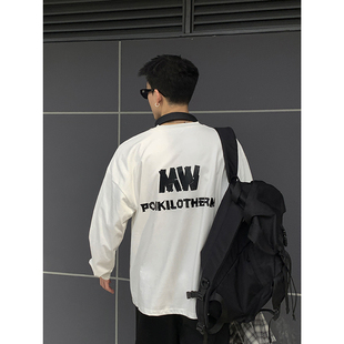 上衣T恤男 复古胶带印花原创logo宽松小领口纯棉打底长袖 PLTH 美式