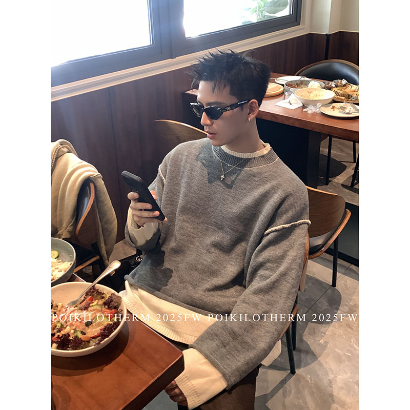 PLTH*慵懒风美式拼接撞色假两件毛衣男圆领纯色套头针织衫上衣女
