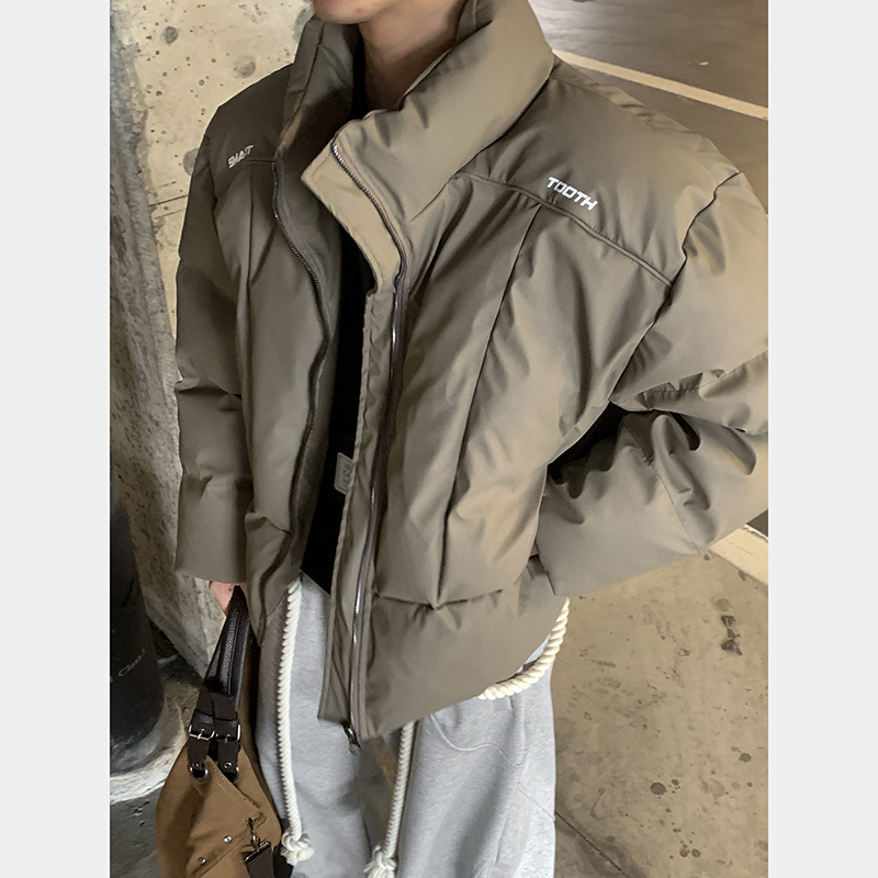 PLTH*美式简约PU皮立领棉服男女冬季保暖棉衣外套宽松加厚面包服