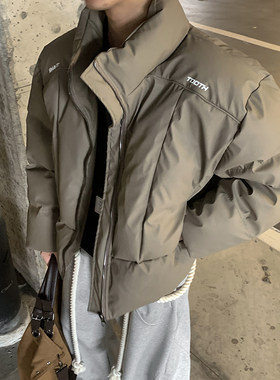 PLTH*美式简约PU皮立领棉服男女冬季保暖棉衣外套宽松加厚面包服
