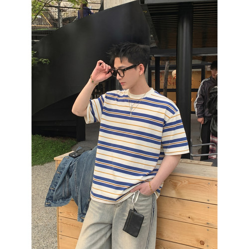 PLTH*美式街头复古条纹T恤男女宽松休闲小众设计感夏季基础款短袖