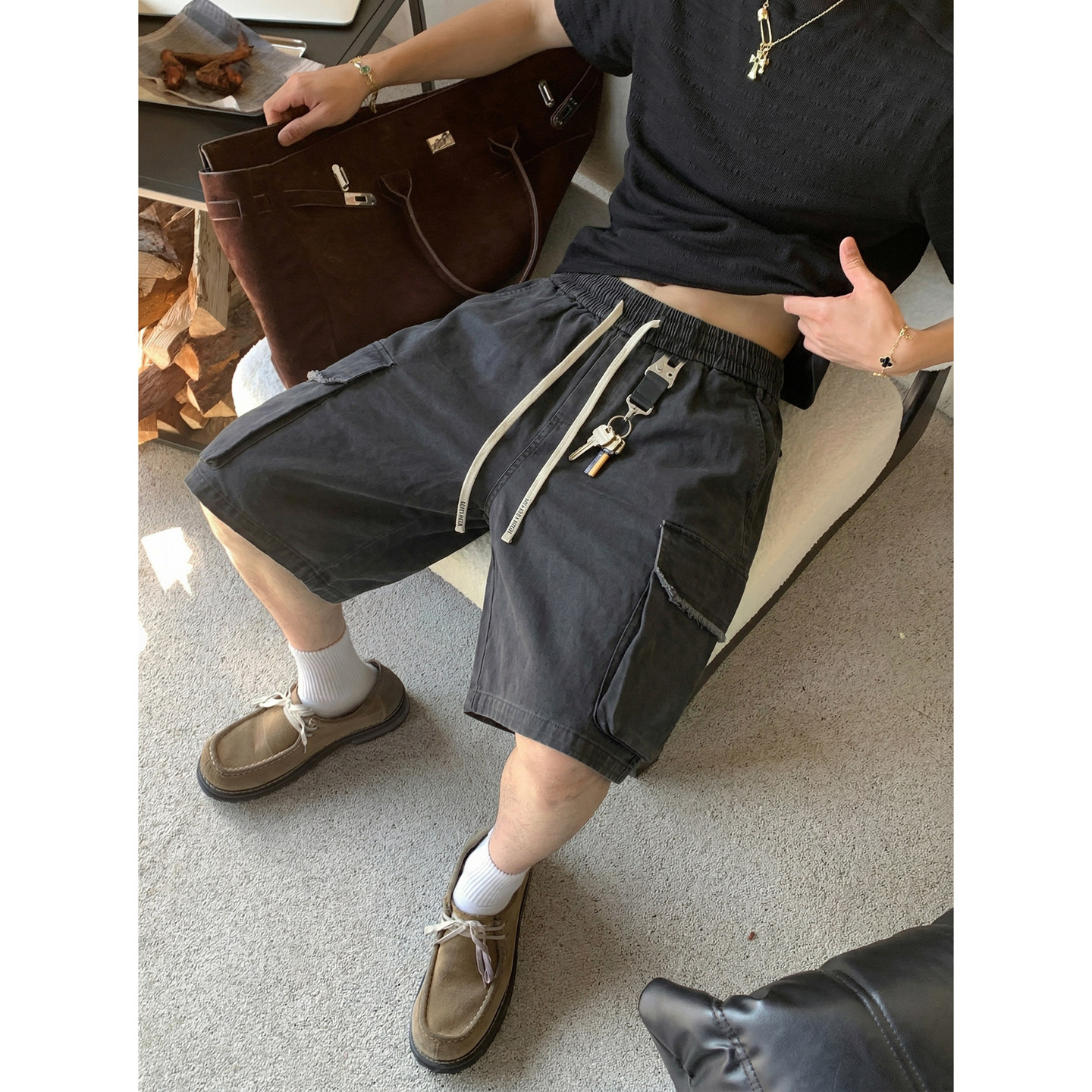 PLTH*美式复古多口袋做旧毛边痞帅工装短裤男夏季宽松直筒五分裤