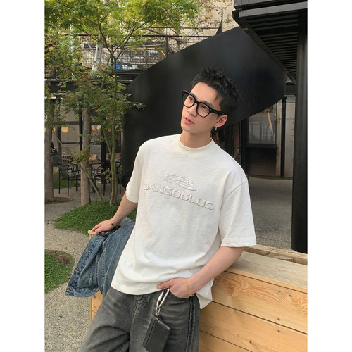 PLTH*美式复古彩点发泡字母印花短袖T恤男夏季宽松重磅竹节棉半袖