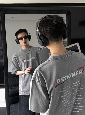 PLTH*美式重磅水洗做旧纯棉小领口宽松休闲版型原创小众印花T恤男