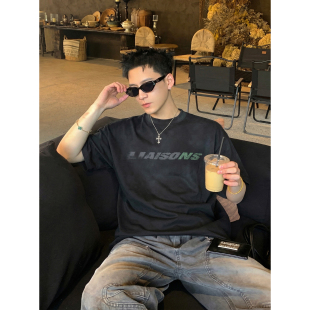 T恤男小领口高街情侣半袖 复古做旧水洗渐变字母印花短袖 美式 PLTH