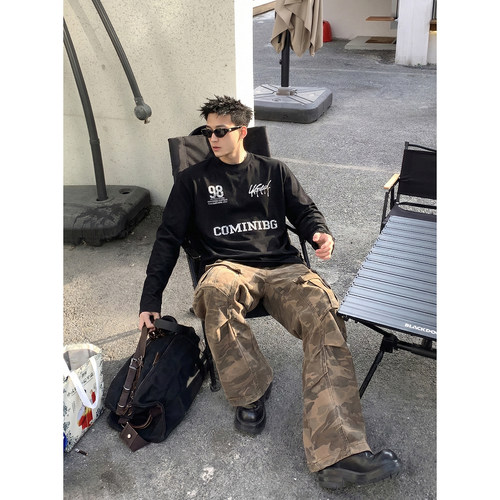 PLTH*韩系慵懒风长袖T恤男春季宽松印花上衣休闲百搭通勤打底衫潮