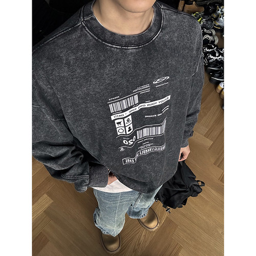 PLTH*美式潮牌印花圆领卫衣商标印花男女春款宽松百搭休闲慵懒风