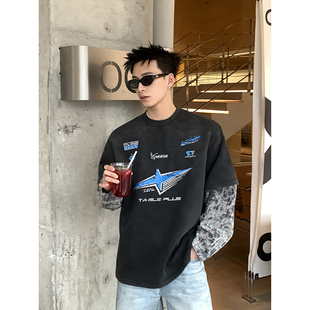 男 水洗做旧赛车风拼接假两件裂纹印花宽松重磅百搭长袖 PLTH 美式