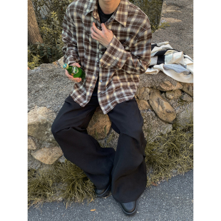 情侣宽松慵懒感百搭通勤外套上衣 复古咖色条纹格子衬衫 PLTH 美式