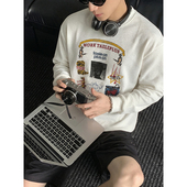 PLTH T恤男卡通印花宽松休闲圆领打底上衣 春季 美式 复古华夫格长袖