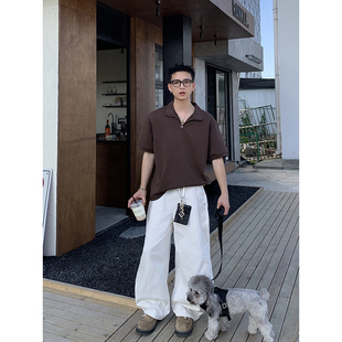 PLTH*美式缝边简约翻领设计感V领短袖男宽松纯色cleanfit上衣T恤