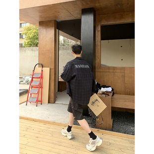 PLTH*美式复古字母印花格子衬衫长袖男春季新款百搭宽松休闲衬衣