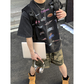 T恤 复古做旧街头潮牌小领口满logo印花重磅水洗宽松短袖 PLTH 美式