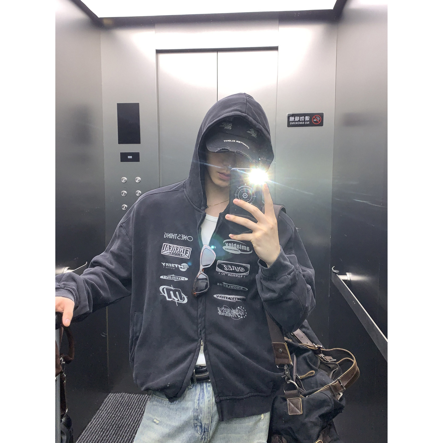 PLTH*美式印花刺绣双拉链开衫卫衣男秋季重磅赛车服连帽外套上衣
