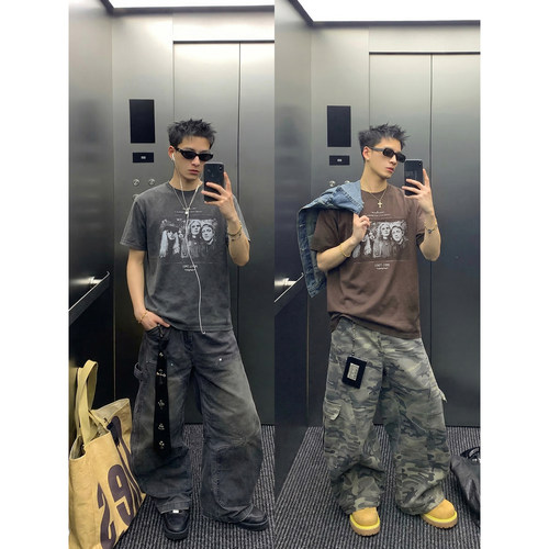 PLTH*美式街头做旧水洗短款T恤男复古乐队人像印花小领口宽松上衣
