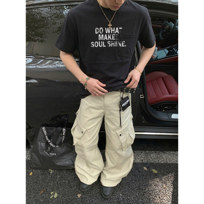 PLTH*美式复古做旧水洗字母印花口袋短款短袖T恤男宽松高街半袖潮