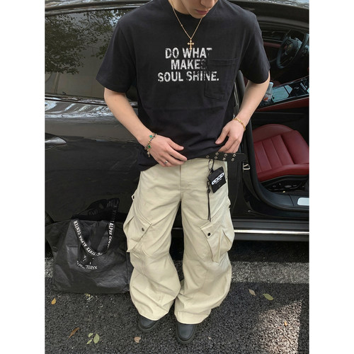 PLTH*美式复古做旧水洗字母印花口袋短款短袖T恤男宽松高街半袖潮