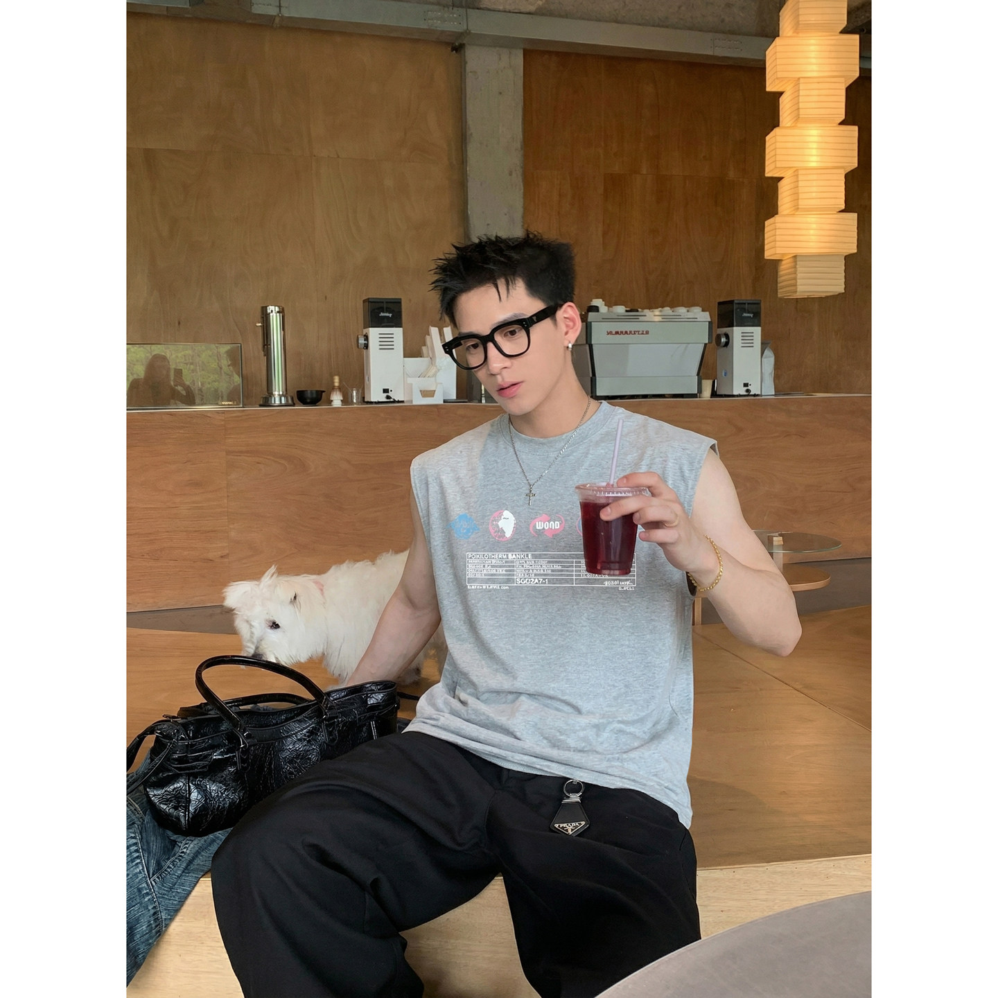 PLTH*夏季韩系潮流圆领坎肩沙滩运动健身背心男宽松无袖T恤上衣潮