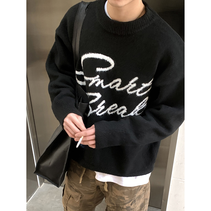 PLTH*美式复古提花毛绒圆领毛衣男生宽松慵懒针织衫冬季保暖上衣