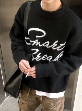 PLTH*美式复古提花毛绒圆领毛衣男生宽松慵懒针织衫冬季保暖上衣