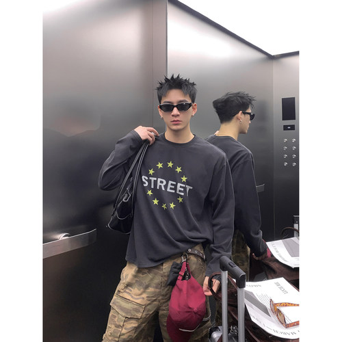 PLTH*美式街头风水洗长袖T恤圆形星星图案宽松短款男女叠穿打底衫