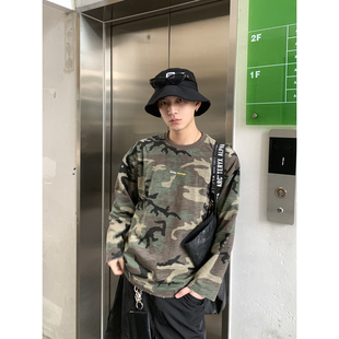 PLTH*美式复古迷彩长袖T恤男女街头潮牌字母印花宽松圆领休闲上衣