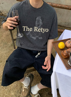 PLTH*美式复古灰色狗狗印花短袖T恤男夏季宽松休闲百搭慵懒上衣潮