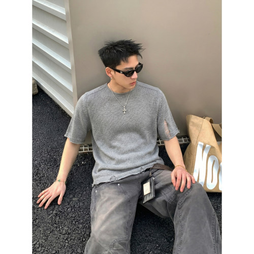 PLTH*小众设计感破洞针织T恤男镂空做旧宽松慵懒风夏季短袖上衣潮
