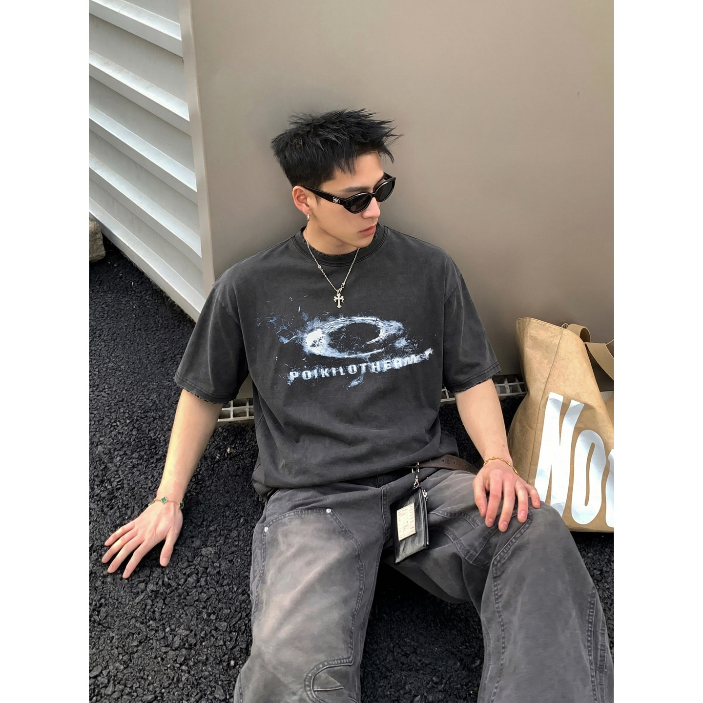 PLTH*美式复古做旧水洗飞溅印花短袖男宽松休闲通勤高街半袖T恤潮