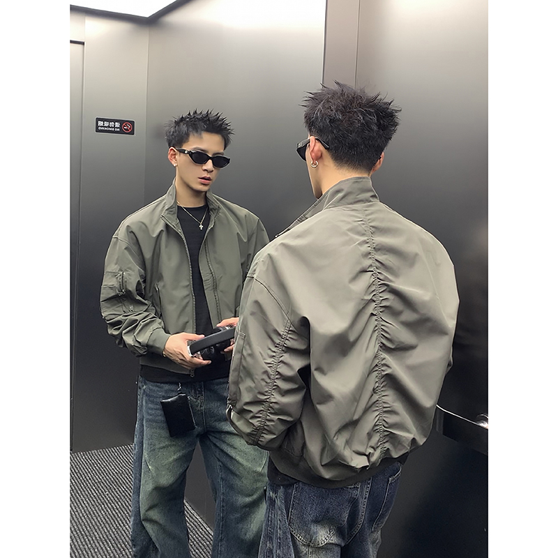 PLTH*美式潮牌短款飞行员外套男女秋冬新款宽松立领工装夹克上衣