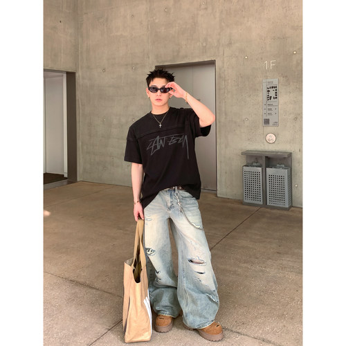 PLTH*高街风华夫格字母印花短袖T恤宽松小众设计感男女同款上衣潮
