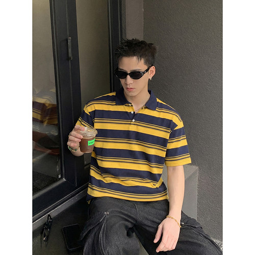 PLTH*美式复古撞色条纹Polo衫夏季宽松翻领短袖通勤休闲百搭上衣