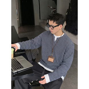 PLTH 宽松休闲设计感男女同款 春季 恤 复古条纹亨利领假两件长袖